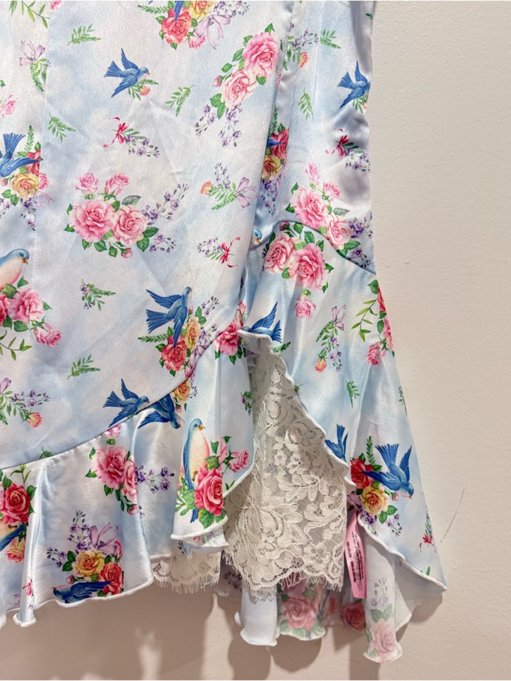 Pastel Blue Floral Satin Ruffle Dress with Lace - Picture 4 of 8